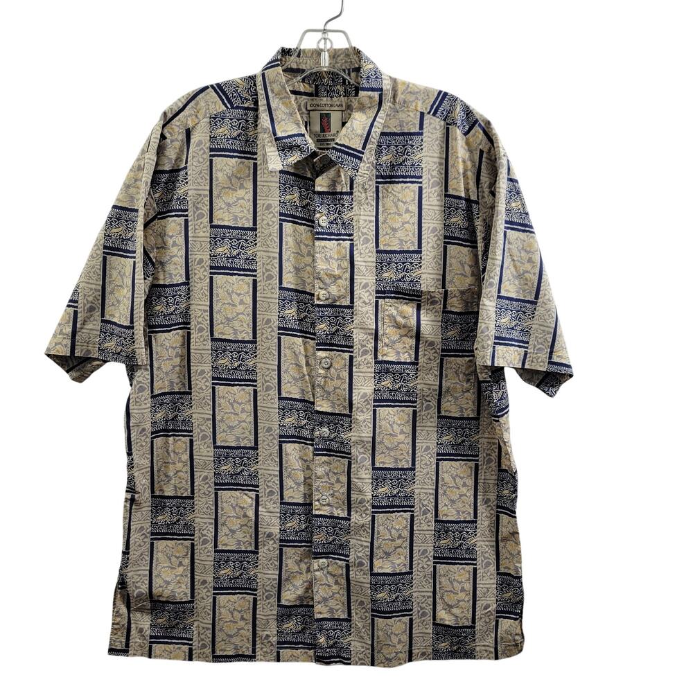 Tori Richard 100% Cotton Tan & Blue Hawaiian Button Front Shirt Size L 4824-0738